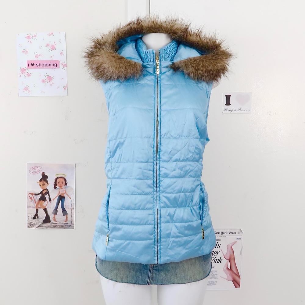 Y2K Blue Faux Fur Hood Puffer Vest Petite L 16 — Mall-core